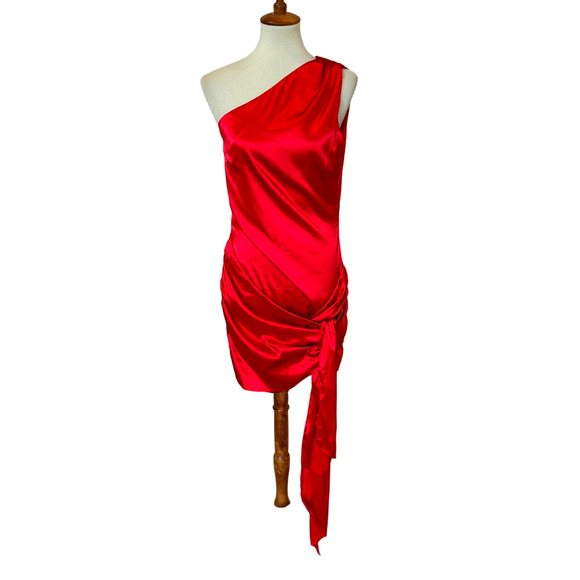 Superdown One Shoulder Mini Dress Red XXS Ruched Bodycon Cocktail Satin NEW - Picture 4 of 7